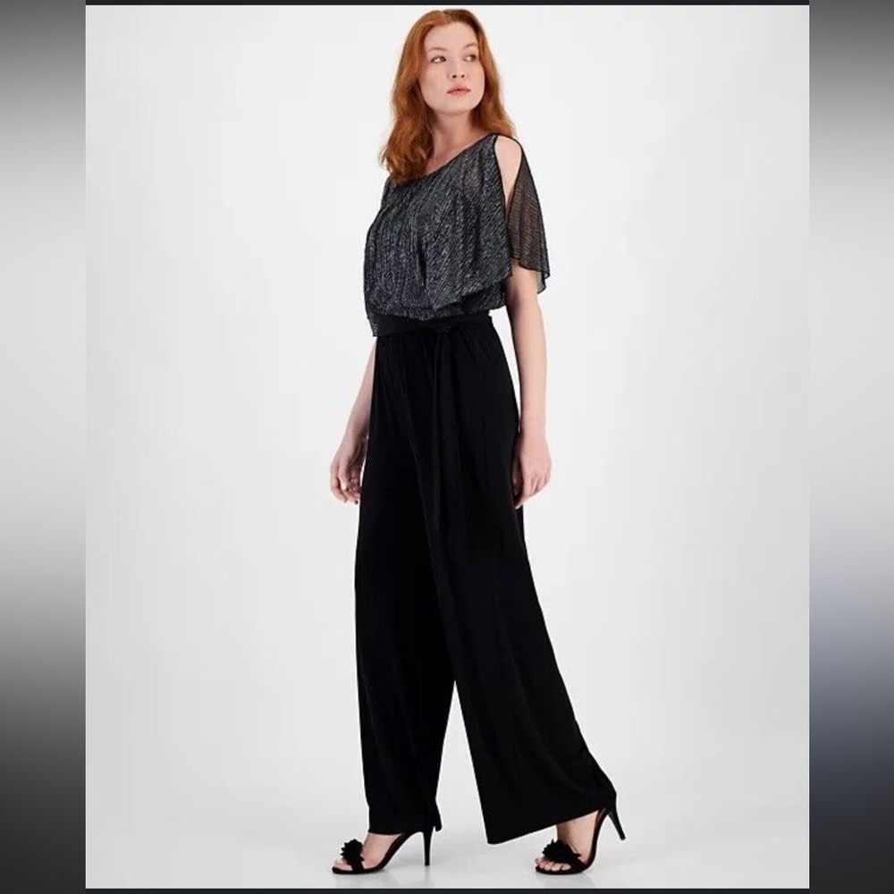NWT Connected Apparel Jumpsuit Macy’s Silver Black flutter Sleeves 8P
